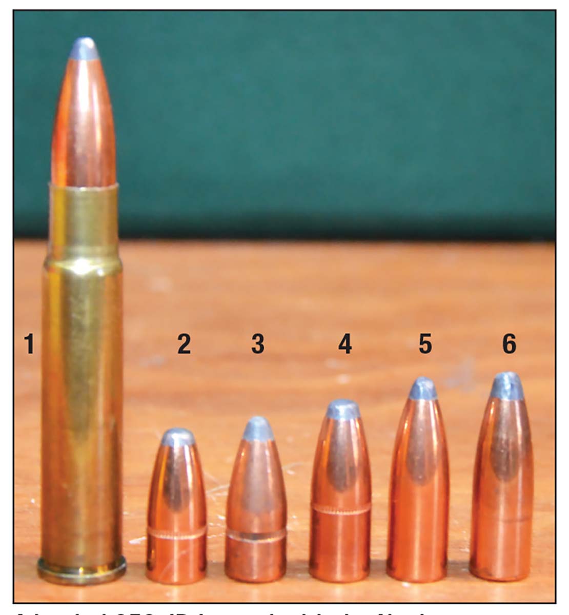 A loaded 358 JDJ round with the Nosler 225-grain Partition bullet, along with other bullets that work quite well in the cartridge: (1) loaded round, (2) 180 Speer SPFN, (3) 180 Hornady SSSP, (4) 220 Speer SPFN, (5) 225 Nosler Partition and (6) 250 Speer SPS. The Hornady 180-grain SSSP (Single Shot Soft Point) is no longer available, but a box or two can sometimes be found at gun shows.